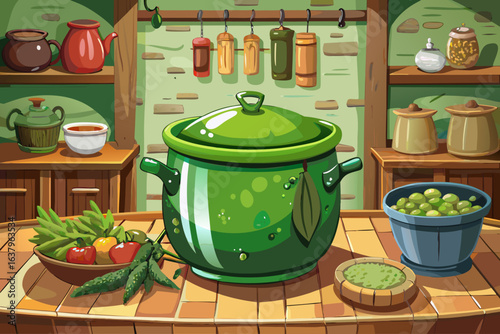 vector of A big green earthenware pot for pickles, which is extremely delicious, with a lid... in the corner of the country kitchen.