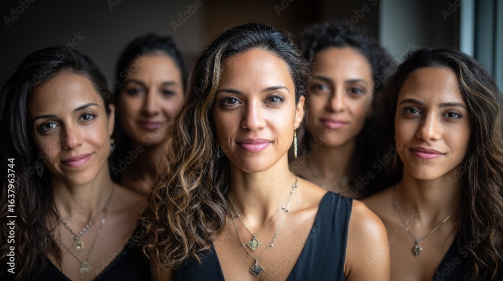 Fototapeta premium Five women with varying hairstyles and accessories stand together, showcasing their unique beauty. They share a moment of connection, embodying strength and empowerment in their expressions.
