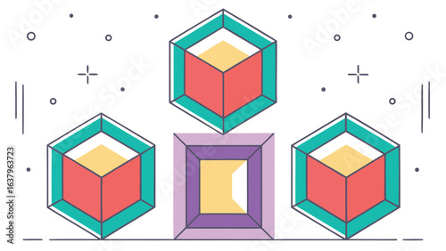 Illustration showing three dimensional cubes and square with pastel colors and decorative elements around it