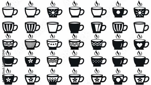 Collection of thirty different black and white coffee mugs with steam rising from the hot beverages inside