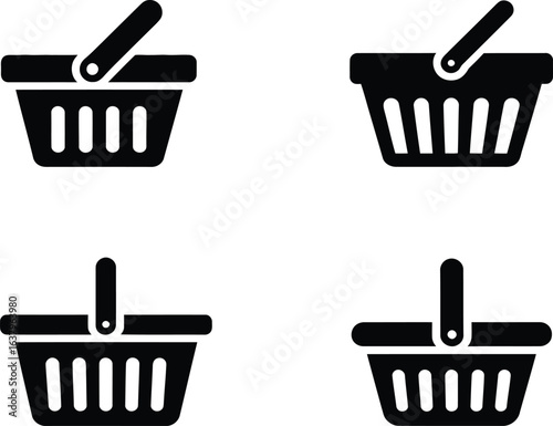 Shopping Basket Icon Set – Black Vector Symbols with Handle Variations for E-Commerce, Retail, and App Interface Design