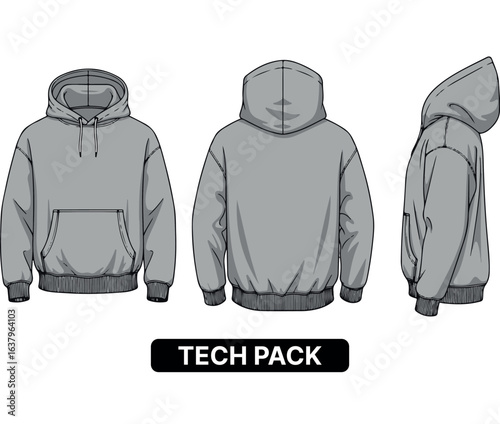Hoodie tech pack vector illustration. Flat sketch of a sweatshirt from front, back, and side views.