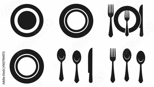 Illustration of dinnerware set with plates, forks, spoons, and knife in black and white minimalist style