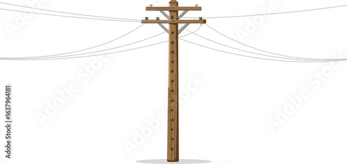 Wooden electric pole with power lines, realistic vector illustration, rural utility infrastructure, high voltage cable support for electricity transmission