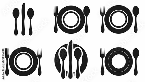 Illustrations of place settings with plates forks spoons and knives in a symmetrical arrangement on white