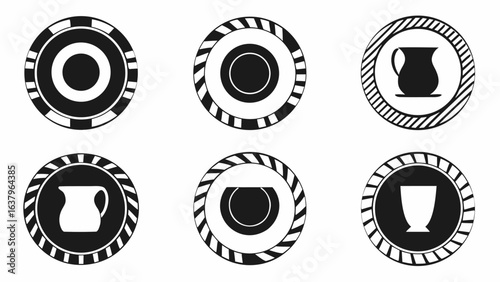 Collection of circular icons featuring kitchenware and tableware with decorative striped borders design