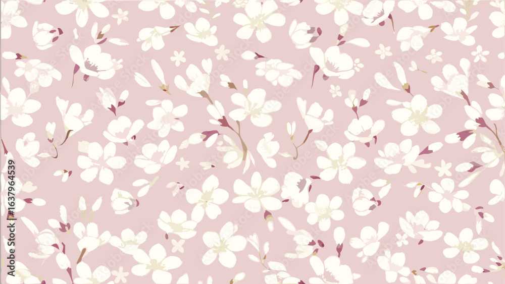 Obraz premium Delicate blossom pattern with white flowers and subtle foliage on a pastel pink background design theme