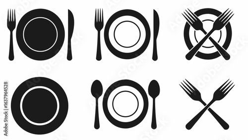 Various placements of a plate with a fork, knife, and spoon in a simple black and white vector art