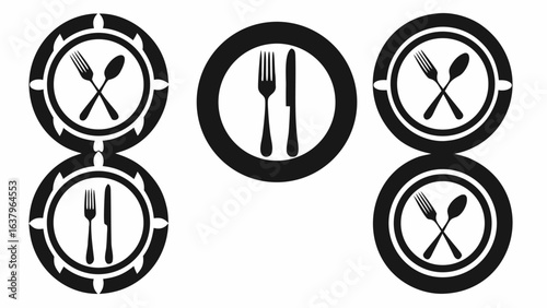 Black and white restaurant icons featuring fork spoon and knife in circular and oval designs neatly arranged