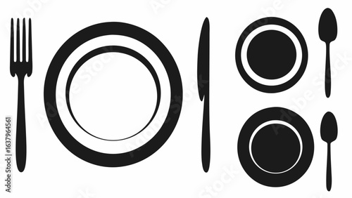 Illustration of a place setting with plates, fork, knife, and spoons in black and white design style