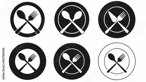 Six black and white circular icons showing crossed silverware on plates for restaurant themes and designs