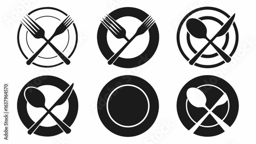 Collection of six black and white dining etiquette icons showing plates and cutlery crossed on a white background