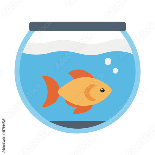 Colorful illustration of a goldfish swimming in a round fishbowl with blue water