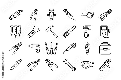 Electrical Tools Vector Icon Set. Includes wire cutters, screwdriver, flashlight, drill, voltmeter, and more. Ideal for electricians, repair, and maintenance work. Editable stroke. Vector illustration