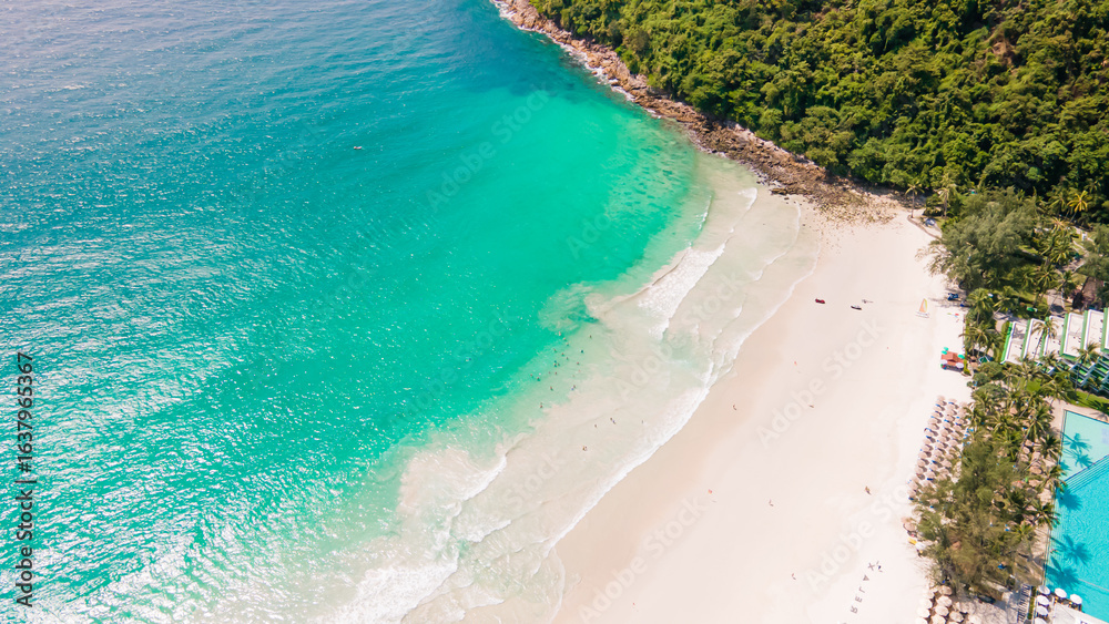 Obraz premium Aerial view beautiful Karon noi Beach in Phuket Thailand, Landscape of patong city phuket in sunny summer day time, Beautiful tropical sea,High angle view Sea beach Sunset in the evening