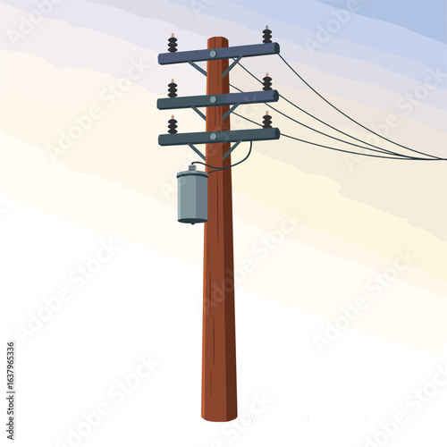 Wooden electric utility pole with power lines and transformer, illustrated vector design, clear sky background, energy transmission and infrastructure concept