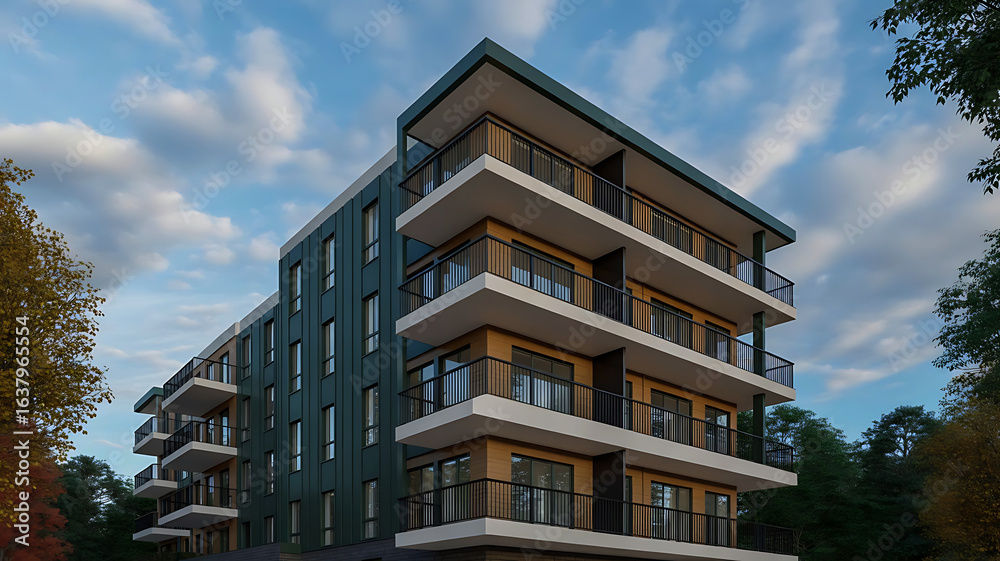 Obraz premium Modern residential building with balconies against a dramatic cloudy sky and surrounding trees