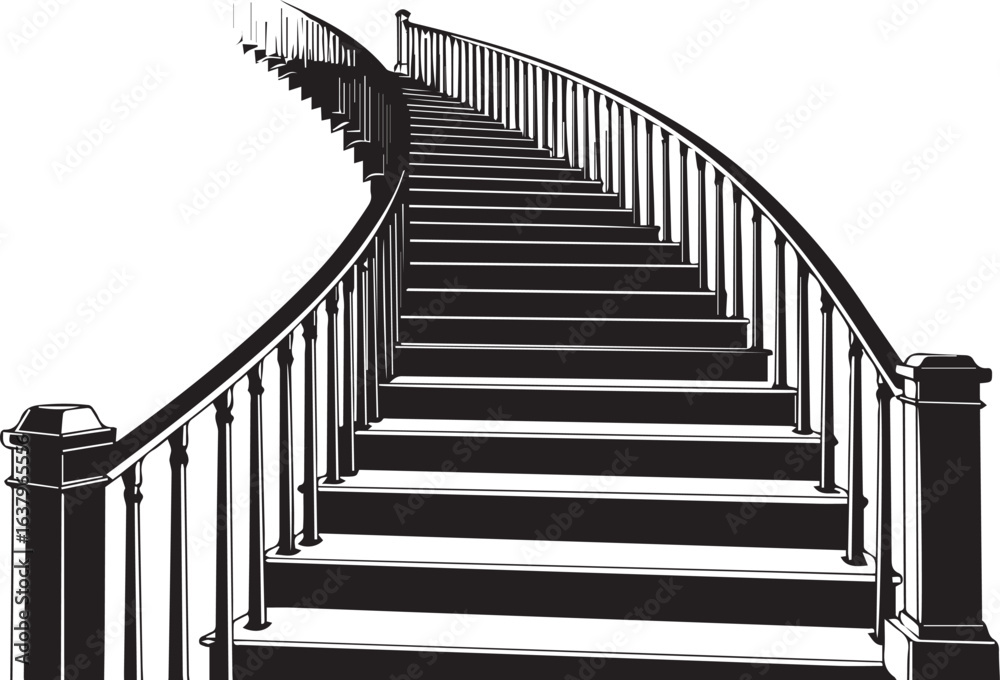 Fototapeta premium Detailed Black Silhouette of a Curved Staircase with Railing stairs steps