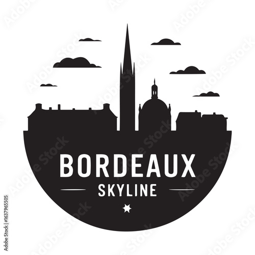 Bordeaux skyline buildings. Circular style. Vector black silhouette. with white background.