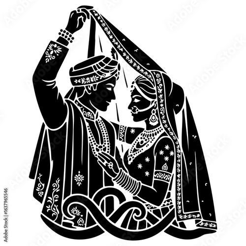 Minimal Hindu Wedding Groom Lifting Bride Veil Romantic Vector Illustration