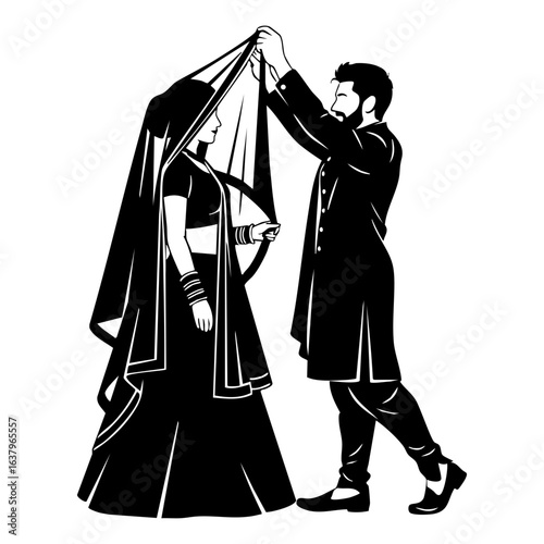 Minimal Hindu Wedding Groom Lifting Bride Veil Romantic Vector Illustration