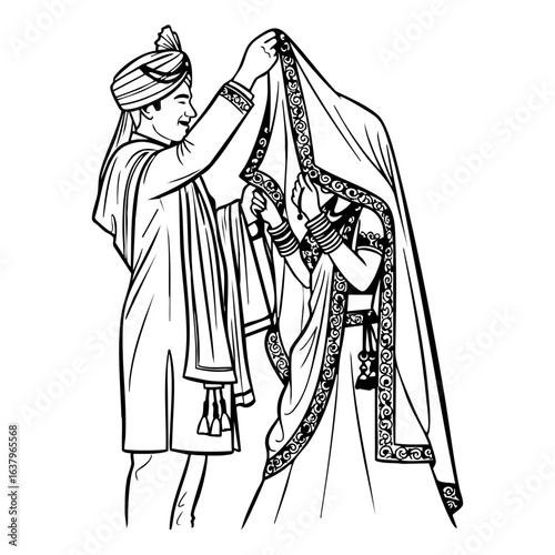 Minimal Hindu Wedding Groom Lifting Bride Veil Romantic Vector Illustration