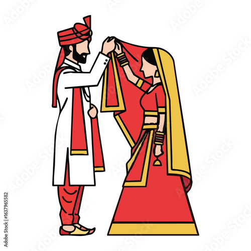 Minimal Hindu Wedding Groom Lifting Bride Veil Romantic Vector Illustration