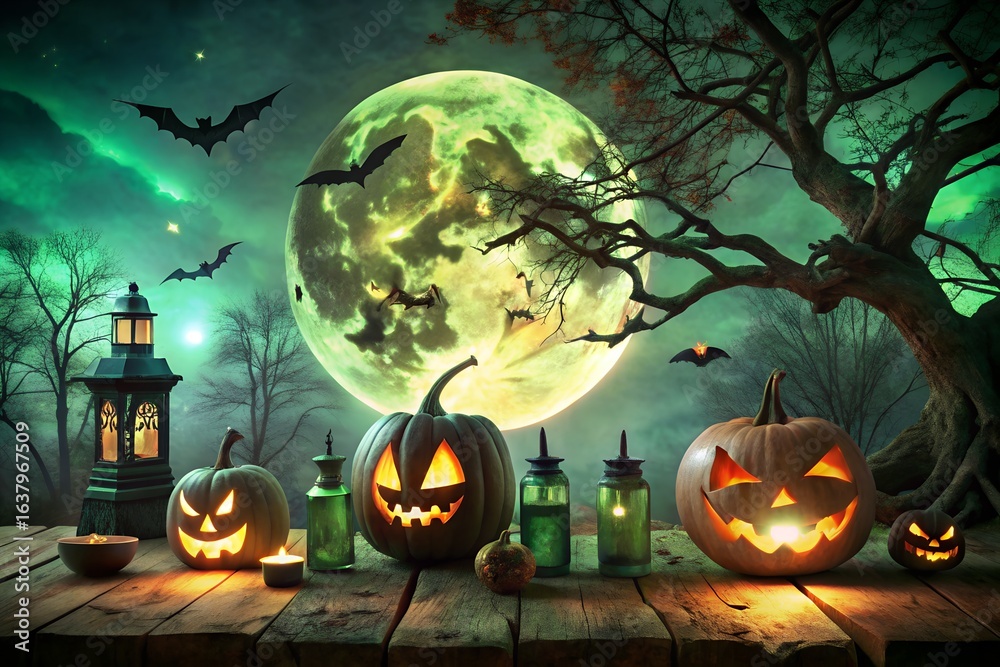 Fototapeta premium Photo of spooky halloween night scene with glowing jackolanterns, bats, and a large full moon with green aurora