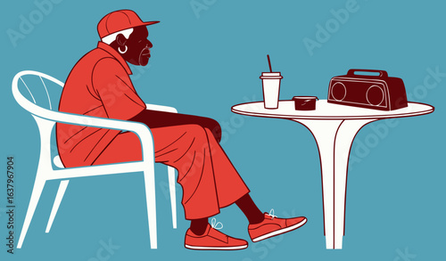 Vector illustration of an elderly Black man in red clothes sitting at a plastic table with a speaker and drink, against a blue background, minimalist style               