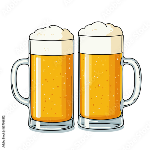 Two mugs of beer with frothy tops 