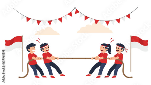Illustration of young people competing in a traditional tug of war game for a celebration