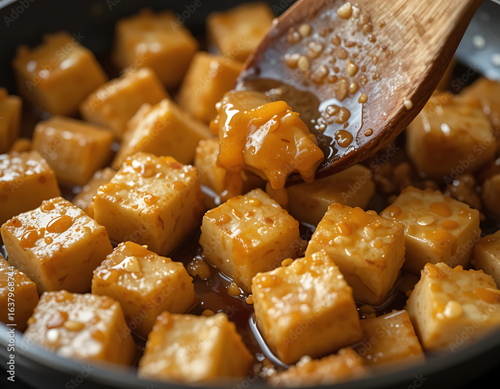 Glazed tofu cubes in pan Glazed tofu cubes in pan