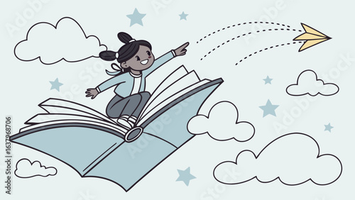 A Girl Soaring on a Book Through the Sky with Stars and Clouds.