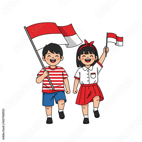 A joyful man leaps while holding and waving the Indonesian flag high in the air.