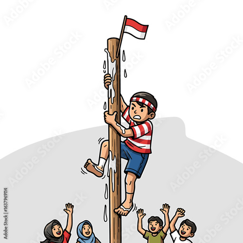 A joyful man leaps while holding and waving the Indonesian flag high in the air.