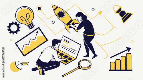 Business Team Launching Rocket Startup Success Concept Illustration.