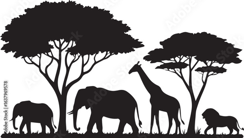 A striking black silhouette depicts a classic African savanna scene with elephants, a giraffe, and a lion beneath acacia trees.