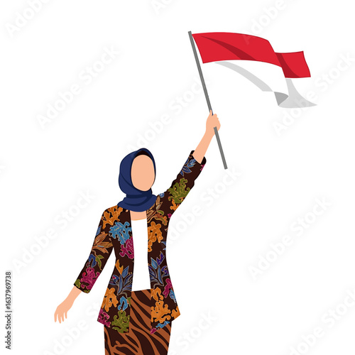 A joyful man leaps while holding and waving the Indonesian flag high in the air.