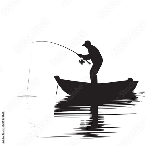 Silhouette of a Man Fishing from a Boat on Calm Water