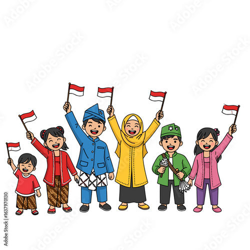 A joyful man leaps while holding and waving the Indonesian flag high in the air.