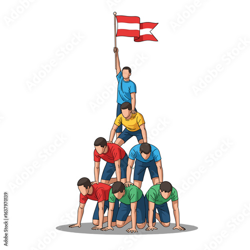 A joyful man leaps while holding and waving the Indonesian flag high in the air.