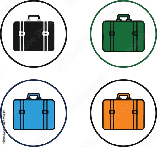 Four circular icons featuring travel luggage in various colors: black, green, blue, and orange.