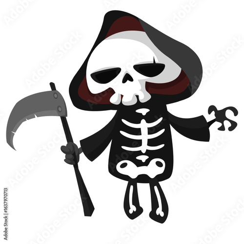 Funny cartoon grim reaper character design in black cape hood. Halloween illustration for party decoration or package. Isolated