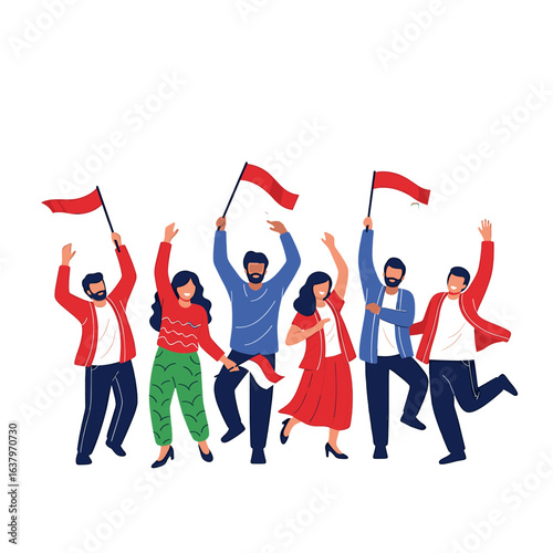 A joyful man leaps while holding and waving the Indonesian flag high in the air.