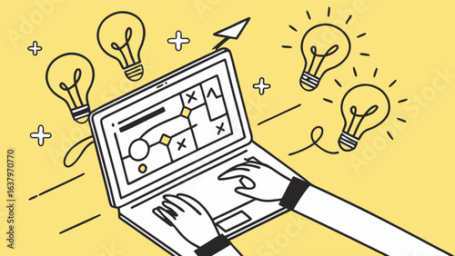Creative Process Depicted with Laptop Hands and Light Bulbs.