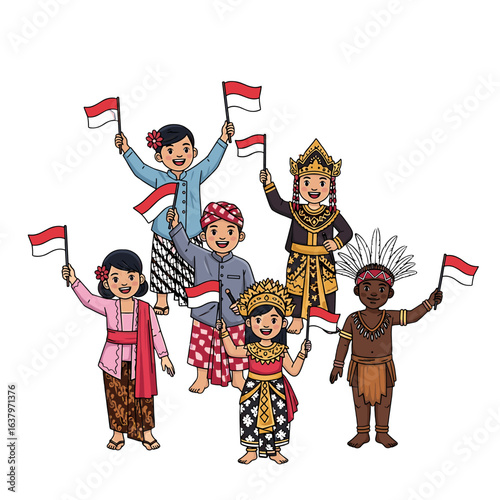 A joyful man leaps while holding and waving the Indonesian flag high in the air.
