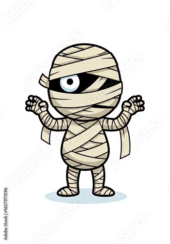 Cartoon mummy with wrappings one eye visible hands raised