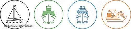 A graphic set of four circular icons illustrating different types of ships, including a sailboat, a cargo vessel, a passenger ferry, and a fishing trawler.