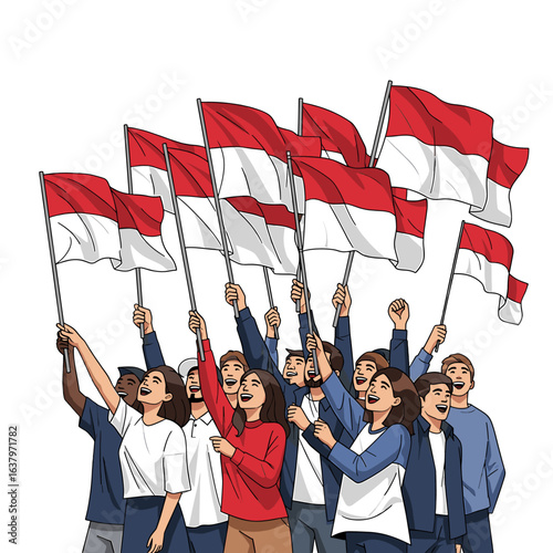 A joyful man leaps while holding and waving the Indonesian flag high in the air.