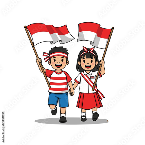 A joyful man leaps while holding and waving the Indonesian flag high in the air.
